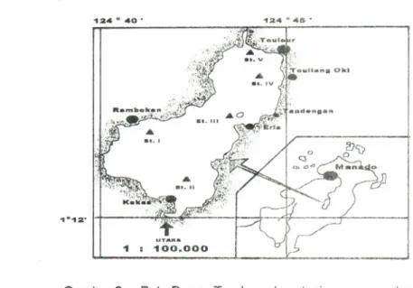 Gambar  2.  Peta Danau Tondano  dan stasiun pengamatan Figure  2.  Map  of  Tondano  Lake and  the  observation  site