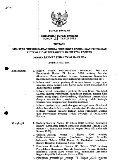 PERBUP NO 29 TAHUN 2012 TENTANG KUALITAS PIUTANG SKPD DAN PENYISIH ...