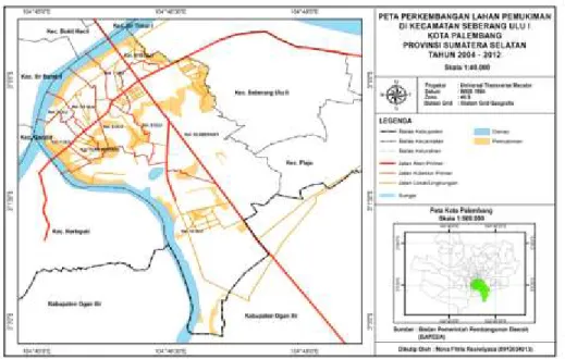 Gambar 3. Peta  Perkembangan  Lahan  Pemukiman  Kecamatan  Seberang  Ulu  I  Kota Palembang tahun 2004-2012 