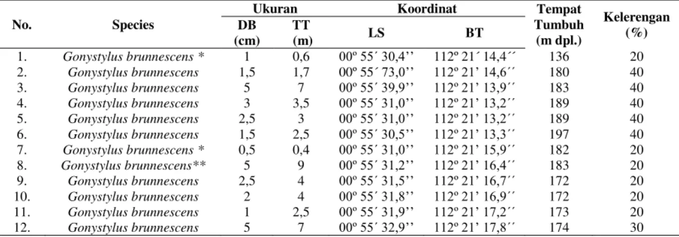 Tabel  1.  Ukuran  habitus  dan  posisi  tempat  tumbuh  individu  anakan  Gonystylus  brunnescens  Airy  Shaw  di  hutan  PT  Sari  Bumi Kusuma KM 84, Kabupaten Melawi, Kalimantan Barat