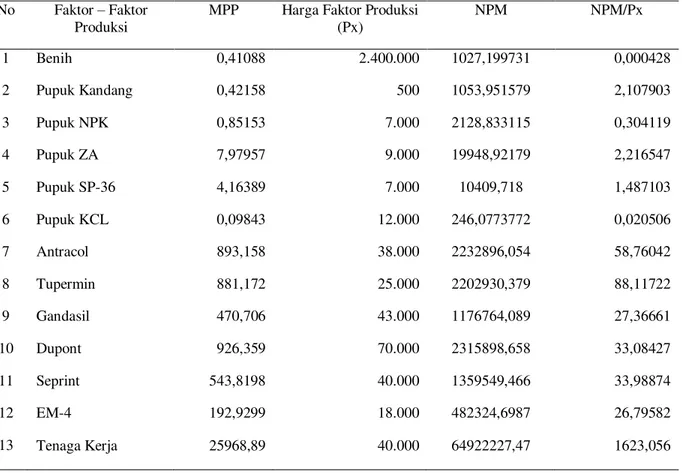 Tabel  5.  Analisis  Efisiensi  Ekonomi  Alokasi  Faktor  –  Faktor  Produksi  Pada  Usahatani  Semangka  Di  Kecamatan Tampan 