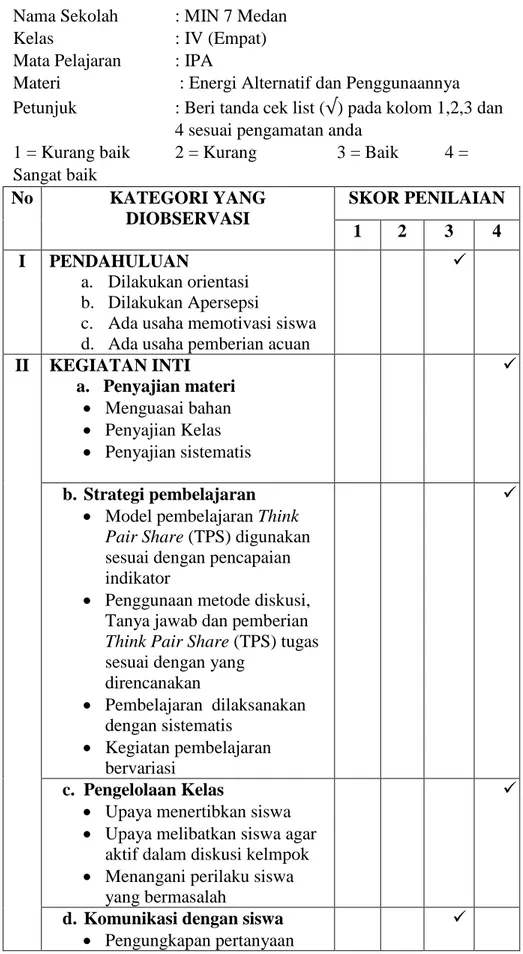 Tabel 4.6 Lembar Observasi Guru Siklus II  Nama Sekolah   : MIN 7 Medan 