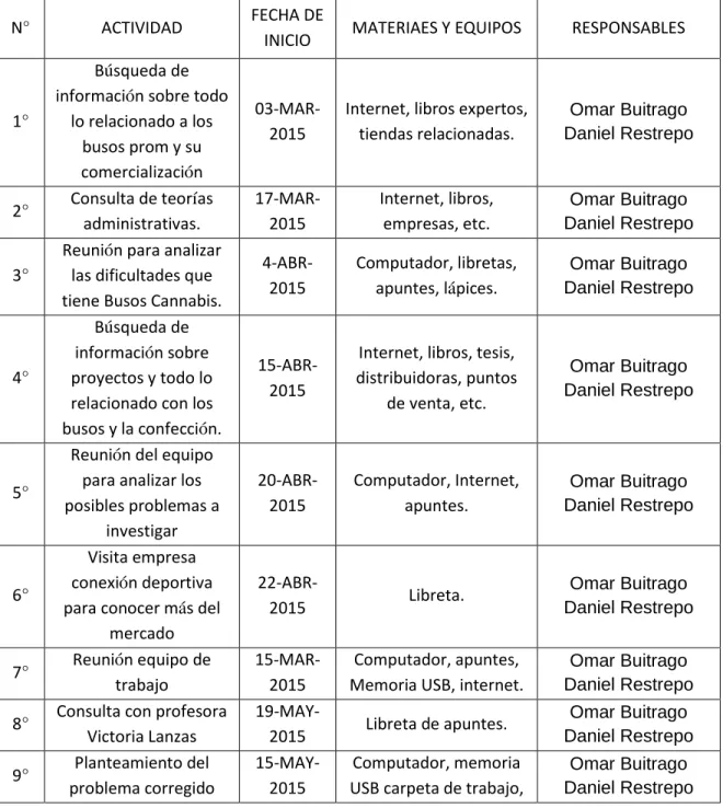 Tabla 5 Cronograma de actividades 
