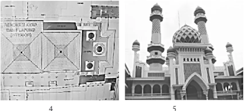 Gambar 4. Site Plan Masjid Jami’ Malang. Bangunan utama masjid beratap hijau dan bagian  serambi timur dilengkapi atap kubah yang diapit dua menara (Sumber: gambar  kerja renovasi masjid, 2004)
