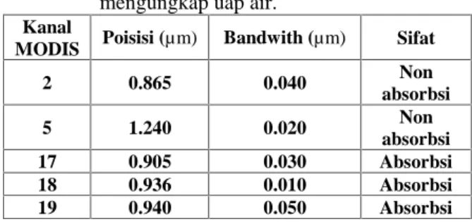 Tabel 2. Posisi  dan  rentang  kanal  (bandwidht)  dari kanal  IR  MODIS  yang  digunakan  dalam mengungkap uap air.