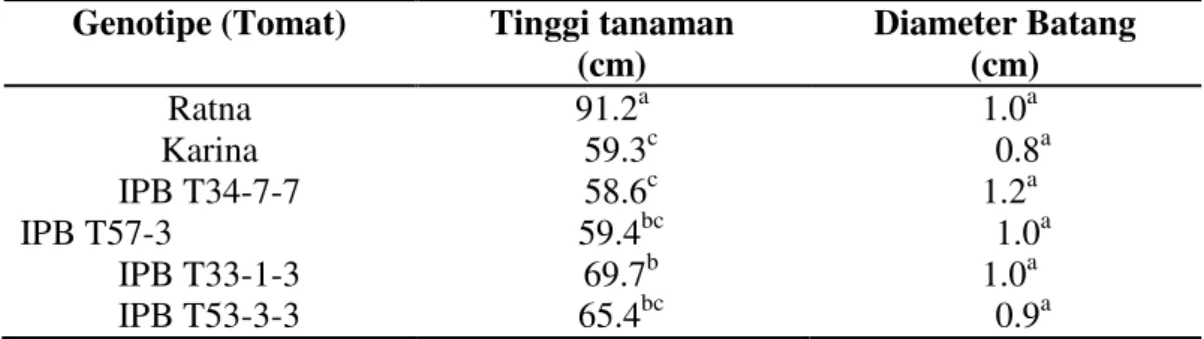 Tabel 1. Tinggi tanaman dan diameter batang enam genotipe tomat   Genotipe (Tomat)  Tinggi tanaman 