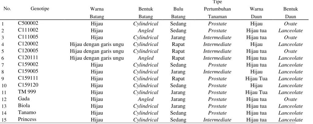 Tabel 4. Karakter kualitatif 15 genotipe cabai yang diuji 