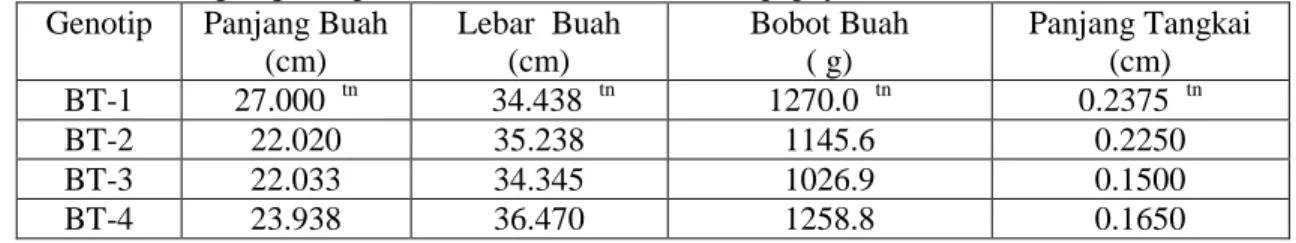 Tabel  1.  Data  pengamatan  ciri  buah:  panjang  buah,  lebar  buah,  berat  buah  dan  panjang  tangkaigenotip BT-1, BT-2, BT-3 dan BT-4 pepaya 
