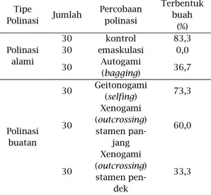 Tabel 2 : Hasil Percobaan Polinasi  Tipe  Polinasi  Jumlah  Percobaan polinasi  Terbentuk buah  (%)  Polinasi  alami  30  kontrol  83,3 30 emaskulasi 0,0  30  Autogami  (bagging)  36,7  Polinasi  buatan  30  Geitonogami (selfing)  73,3 30 Xenogami (outcros