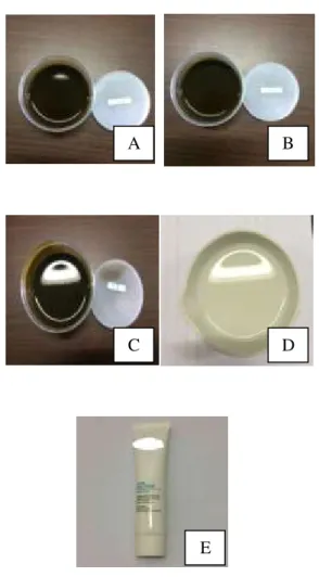 Gambar 1. Formulasi Gel Esktrak Etanol daun Murbei 2 %  (A), 4 % (B), 6 % (C), Kontrol Negatif Basis Gel (D), dan 