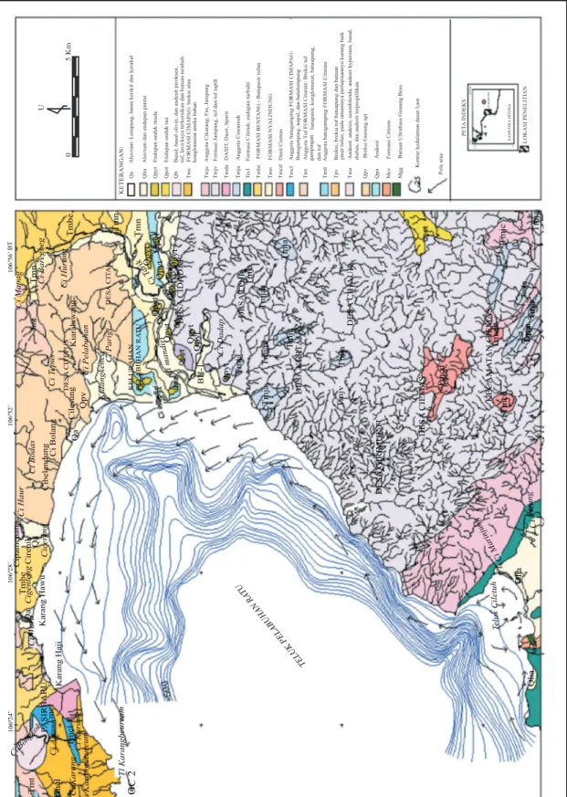Gambar 2. Peta geologi, kontur kedalaman, dan pola arus daerah perairan Kabupaten Sukabumi dan sekitarnya.