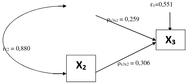 Gambar 1 : Hasil Analisis Hubungan Struktur 1 variabel X1 dan X2 terhadap X3