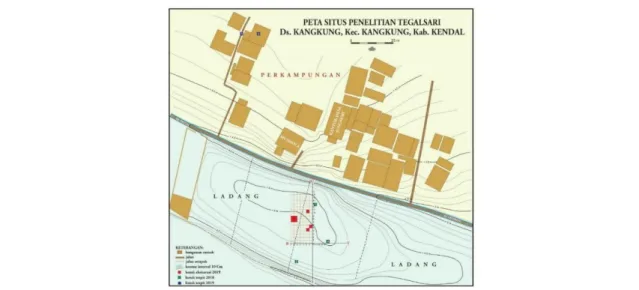 Gambar 2. Distribusi kotak ekskavasi di Candi Tegal Sari: warna merah dan hitam (2019), warna  hijau (2018) (Sumber: Dokumen Pusat Penelitian Arkeologi Nasional, 2019)