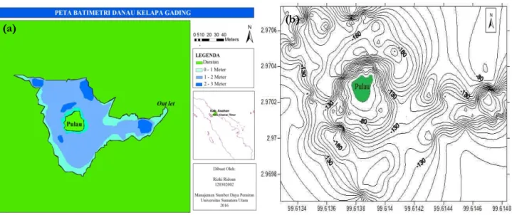 Gambar 1.  Peta Danau Kelapa Gading Kabupaten Asahan, (a) peta batimetri; (b) Layout peta kontur 
