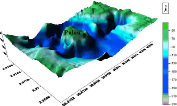 Gambar 2.  Layout Batimetri 3D Danau Kelapa Gading Kabupaten Asahan  Dimensi permukaan 