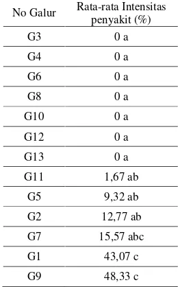 Tabel 2. Rata-rata intensitas penyakit karat pada13 galur sorgum pada 8 msi