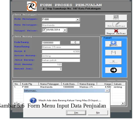 Gambar 5.6  Form Menu Input Data Penjualan