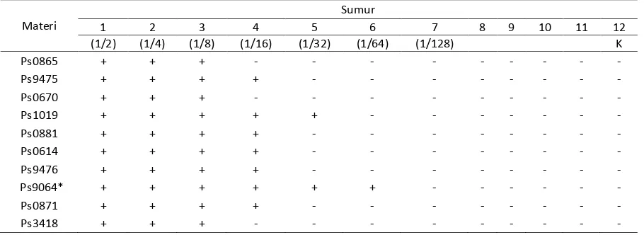 Tabel 1.  Titer Hemaglutinasi dari berbagai isolat bakteri P. Aeruginosa 
