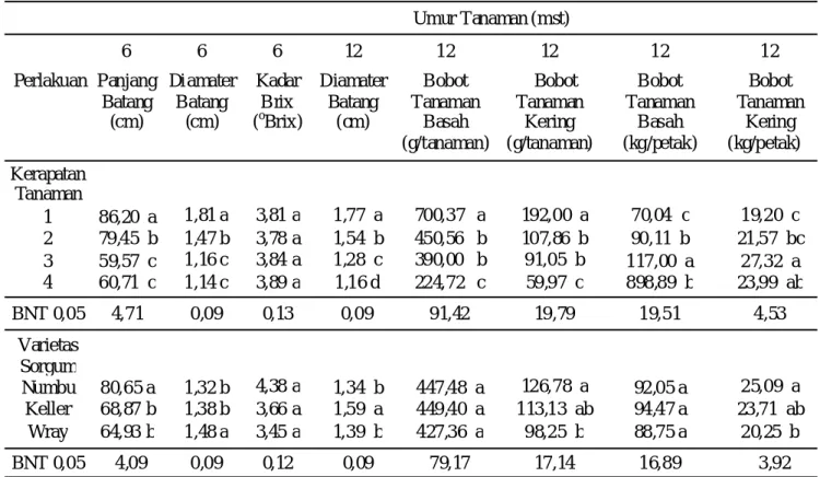 Tabel 2.  Pengaruh kerapatan tanam dan varietas tanaman sorgum terhadap beberapa peubah yang diamati pada tanaman sorgum ratoon I umur 6 mst dan 12 mst (tidak ada interaksi)