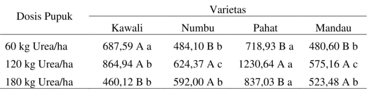 Tabel 1. Rata-rata berat biji/m 2  (g) berbagai varietas sorgum dengan pemberian       pupuk Urea