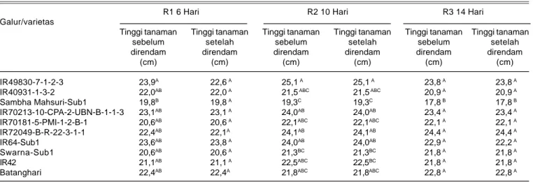 Tabel 3. Tinggi tanaman galur/varietas padi rawa sebelum dan setelah direndam selama 6 hari, 10 hari, dan 14 hari di rumah kaca, KP Muara, Bogor, 2008.