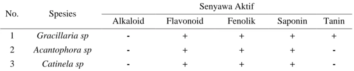 Tabel 2. Kandungan senyawa aktif  Makroalga yang ditemukan di Perairan Pantai Arubara  