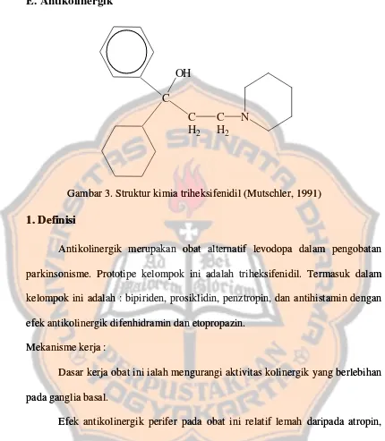 Gambar 3. Struktur kimia triheksifenidil (Mutschler, 1991)Gambar 3. Struktur kimia triheksifenidil (Mutschler, 1991)  