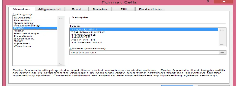 Gambar 2. 9 Kotak dialog format cells dengan tab Number  G.  Memformat tampilan angka (number) 