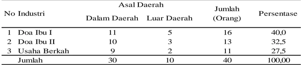 Tabel 2. Jumlah Tenaga Kerja Berdasarkan Asal Daerah Pada Industri Kecil Lapis Legit di Desa  Merak  Batin Kecamatan Natar Kabupaten Lampung Selatan Tahun 2017 
