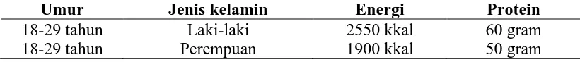 Tabel 2.2.Angka Kecukupan Energi dan Protein untuk Umur 18 Tahun Keatas 