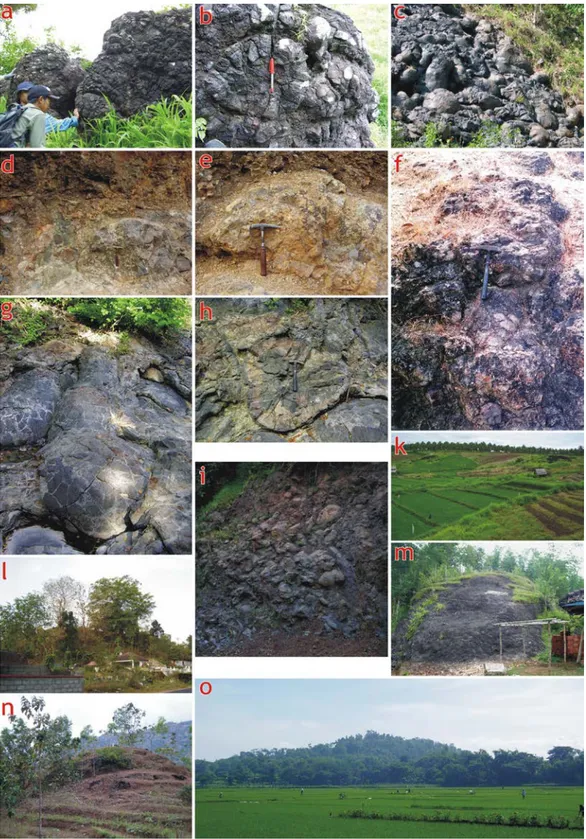 Gambar 5. Lava bantal (a-i) dan bentuk morfologi landai (k-o) dari berbagai daerah yang menjadi tambahan bahan diskusi
