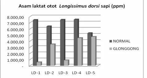 Gambar 3. Histogram kadar asam laktat otot LD sapi glonggong dan normal (histogram of lactic acid content of     LD muscle from glonggong and normal bulls)