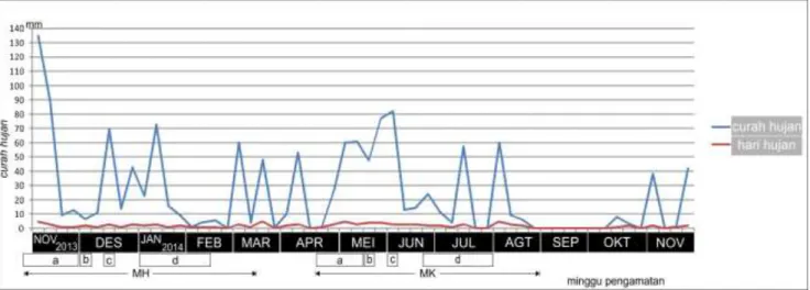 Gambar 1 Data  curah  dan  hari  hujan  di  Stasiun  Klimatologi  KP  Lolittungro,  Lanrang  periode  November  2013November  2014; Kegiatan penelitian: a) Pengolahan lahan; b) Semai; c) Tanam; dan d) Pengamatan 2, 4, 6, dan 8 MST di  musim tanam MH dan M
