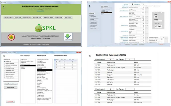 Gambar 8.  Tampilan layar SPKL: (1) menu utama, (2) form entri data, (3) form kriteria, dan (4) contoh hasil  evaluasi