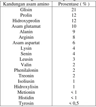 Tabel 2. kandungan asam amino pada gelatin  Kandungan asam amino Prosentase ( % )