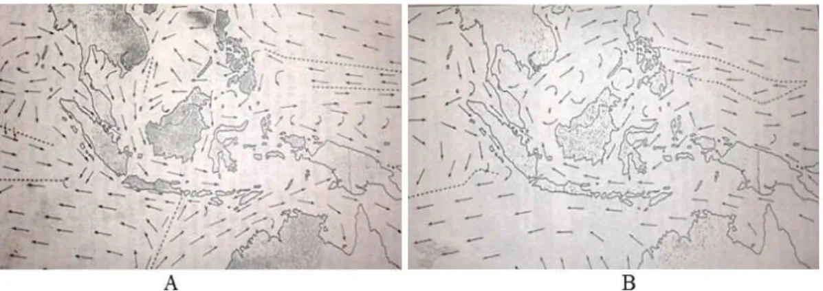 Gambar 4. Pola arus perairan Indonesia berdasarkan Wyrtki, A. Pola arus bulan Februari, B