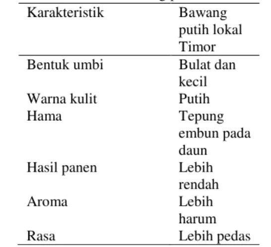 Tabel 1 Karakteristik bawang putih lokal Timor.  Karakteristik  Bawang 
