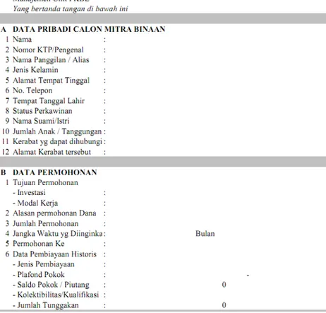 Tabel 1. Form Aplikasi Data Pribadi Calon Mitra Binaan