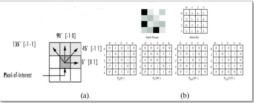 Gambar 2. 3 (a) Piksel dengan berbagai sudut (b) Ilustrasi co-occurrence matrix 