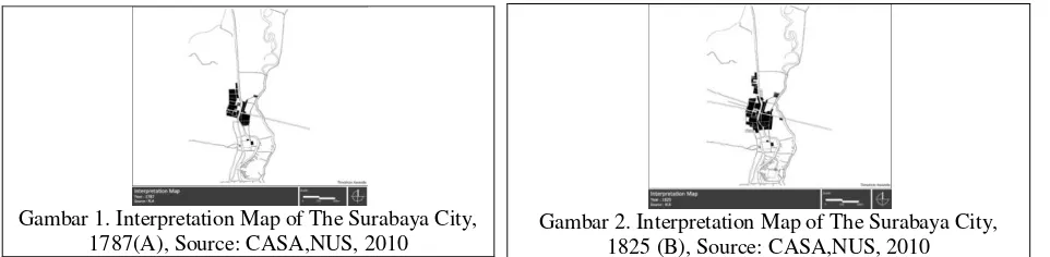 Gambar 1. Peta Interpretasi Kota Surabaya Th. 1787 (A) dan Th 1825 (B),  