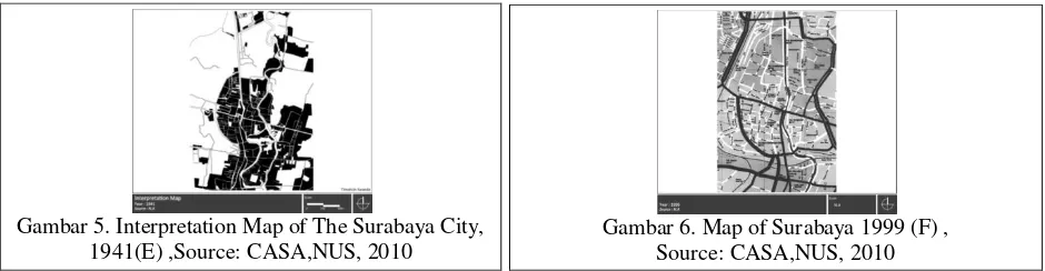 Gambar 3. Peta Interpretasi Kota Surabaya Th. 1941 (E) dan Th 1999 (F),  