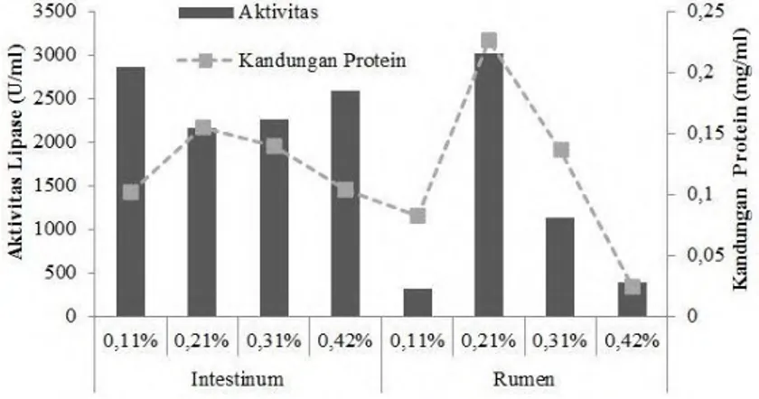 Gambar 4.3 Aktivitas dan Kandungan Protein Crude Lipase  1     2      3    