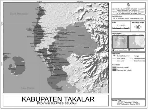 Gambar 1 Peta wilayah kawasan tanaman industri  Sumber: RTRW Kabupaten Takalar, 2016  Hasil  Analisis  skoring  ini  menunjukkan 