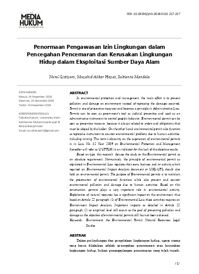 Penormaan Pengawasan Izin Lingkungan Dalam Pencegahan Pencemaran Dan ...