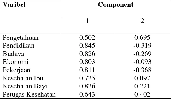 Tabel 4.3 Component Matrixdengan Metode Hasil Aplikasi Analisis Faktor-faktor yang Memengaruhi Pemberian Makanan Tambahan Pada Bayi Usia 0-6 bulan  Principal Component Analysis