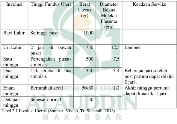Tabel 2.1 Involusi Uterus (Sumber: Vivian, Tri Sunarsih, 2013) 