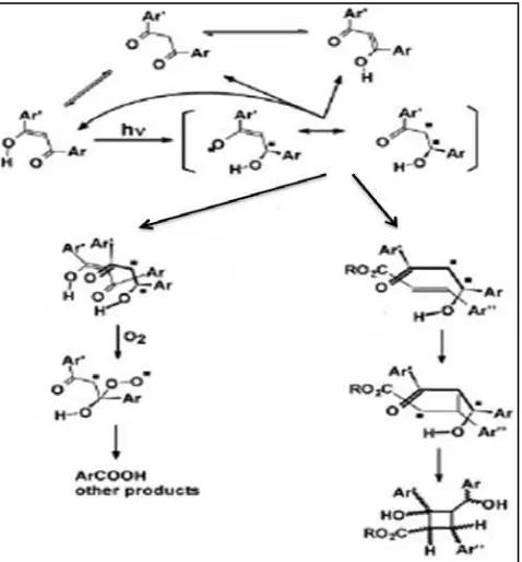 Gambar 2.6 Reaksi fotodegradasi pada avobenson (Sunjin, 2014).  