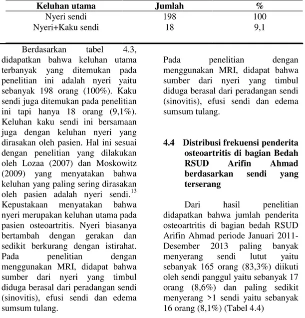 Tabel 4.4   Distribusi frekuensi penderita osteoartritis di bagian Bedah RSUD                    Arifin Ahmad berdasarkan sendi yang terserang 