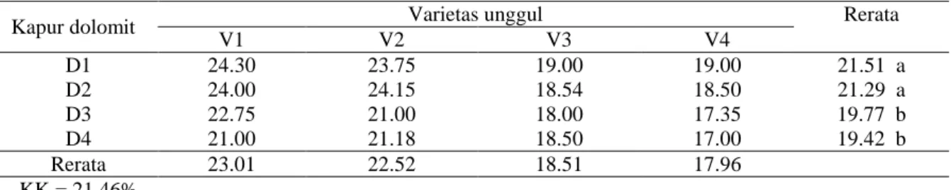 Tabel 5.  Berat 1000 Butir Per Rumpun Pada Tanaman Padi dengan Perlakuan Uji Adaptasi Beberapa  Varietas Padi Sawah dengan Dosis Kapur Dolomit Pada Tanah Gambut  