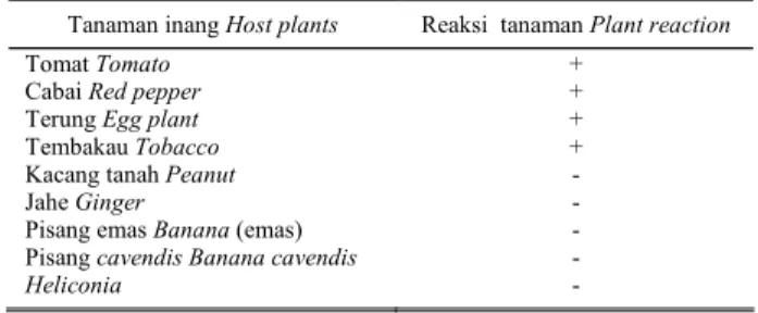 Tabel 4. Pengaruh isolat Rasltonia solanacearum pada beberapa  tanaman  inang 